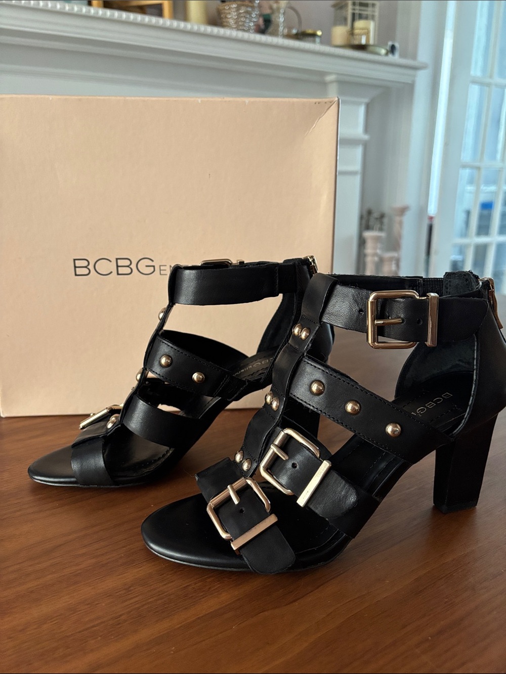 BCBGeneration Black leather Studded Buckle Block Heel Sandals